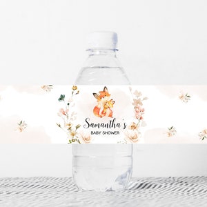 Editable Floral Fox Baby Shower Bottle Label, Girl Fox Baby Shower Water Label, Woodland Fox Baby Shower Water Bottle Stickers Template 0357