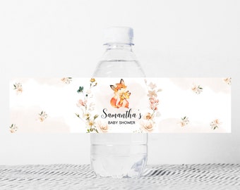Etiqueta editable de botella de baby shower de Fox floral, etiqueta de agua de baby shower de Girl Fox, plantilla de pegatinas de botella de agua de baby shower de Woodland Fox 0357