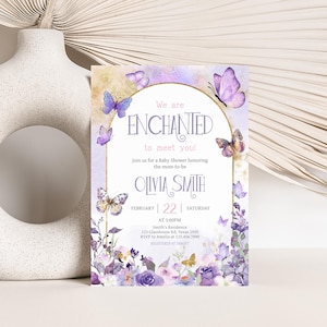 Editable We are Enchanted to Meet You Butterfly Baby Shower Invitation, Purple Butterfly Baby Shower Invite, Girl Baby Shower Invites, 01044