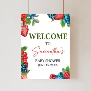Editable Strawberry Baby Shower Welcome Sign, A Berry Sweet Baby Shower Welcome Poster, Blush Berry Summer, Girl Baby Shower Sign, 0805