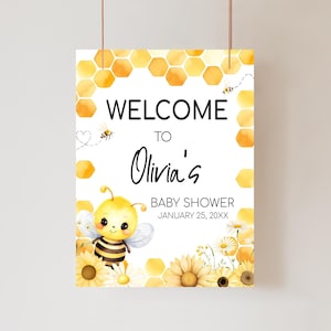 Bearbeitbares Bienen-Babyparty-Willkommensschild, Oh Bee-Babyparty-Willkommensplakat, Honigbiene Blumen-Babypartyschilder, Neutrale Wabenschilder, 01002