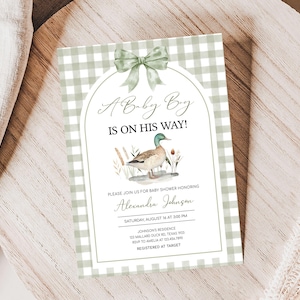 Editable Duck Baby Shower Invitation, Mallard Baby Shower Invite, Green Gingham Mallard Duck Baby Shower Invite, Hunting Baby Shower, 01113