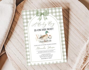 Editable Duck Baby Shower Invitation, Mallard Baby Shower Invite, Green Gingham Mallard Duck Baby Shower Invite, Hunting Baby Shower, 01113