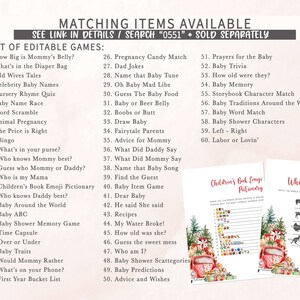 May include: A list of editable baby shower games, including "How Big is Mommy's Belly?" and "Baby Trivia." The image also displays two printable game sheets: "Children's Book Emoji Pictionary" and "Who is my Mama?" with festive holiday decorations.