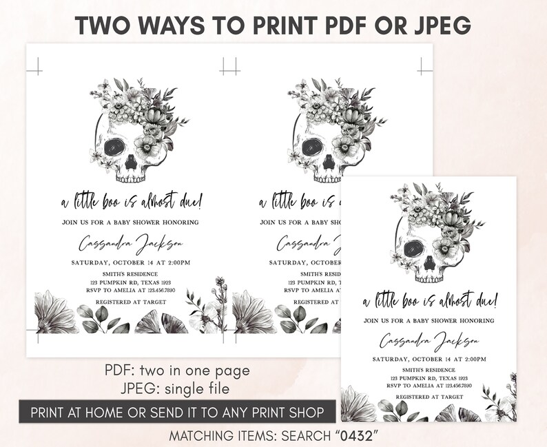 Editable Halloween Baby Shower Invitation Bundle, Black Gothic Baby Shower Invite Set, Black Floral Skull Invitation Pack, A Little Boo 0432 image 4