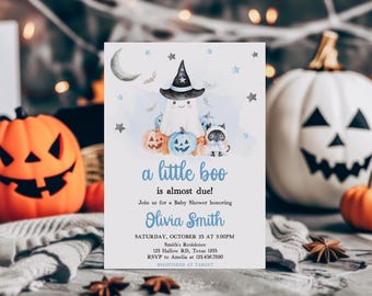 Editable Blue A Little Boo is Almost Due Baby Shower Invitation, Boy Halloween Baby Shower Invite, Ghost Fall Baby Shower Invitation, 01147