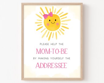 Envelope Station Sign Girl Sunshine Baby Shower, A Little Ray of Sunshine Baby Shower Addressee Sign, Boho Pink Sun Baby Shower Address 0254