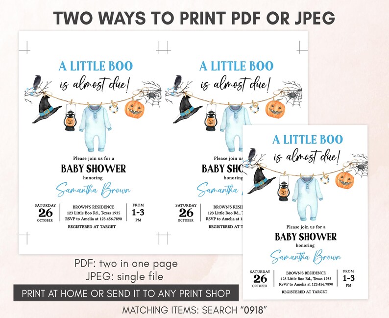 Puede incluir: Invitaci&oacute;n a un baby shower con tem&aacute;tica de Halloween. El dise&ntilde;o presenta un body de beb&eacute;, un sombrero de bruja y calabazas. El texto dice "A Little Boo is almost due!" e incluye detalles del evento.