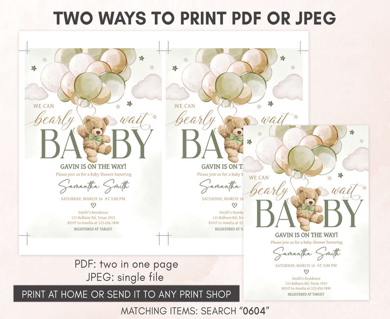 two baby shower cards with a teddy bear holding balloons