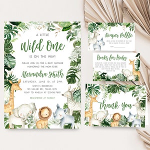 May include: A baby shower invitation with a jungle theme. The invitation features a green and white background with a variety of jungle animals, including a giraffe, elephant, lion, and zebra. The text on the invitation reads "A Little Wild One is on the Way!" and includes the date, time, and location of the shower.