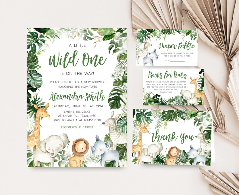 May include: A baby shower invitation with a jungle theme. The invitation features a green and white background with a variety of jungle animals, including a giraffe, elephant, lion, and zebra. The text on the invitation reads "A Little Wild One is on the Way!" and includes the date, time, and location of the shower.