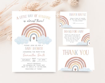 Editable Rainbow Baby Shower Invitation Set, Boho Baby Shower Invite Pack, A Little Ray of Sunshine Gender Neutral Printable Template 0252