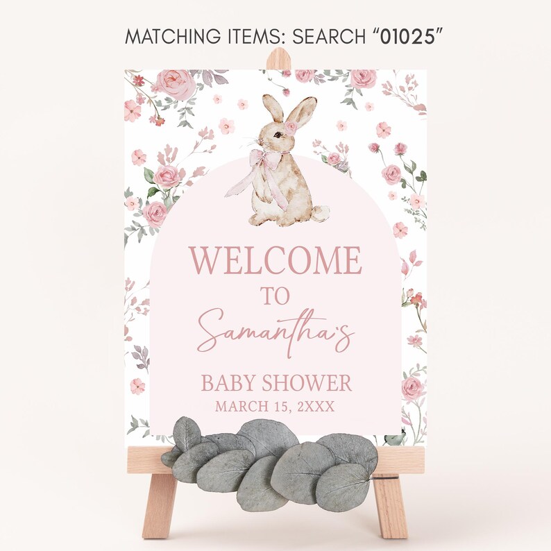 Pink Floral Bunny Welcome Sign