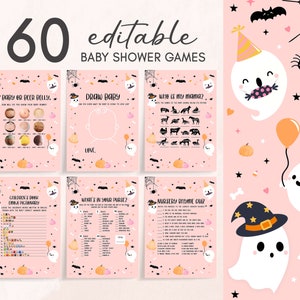 Editable Pink Halloween A Little Boo Baby Shower Games Bundle, Pink Ghost Baby Shower Game Pack, Girl Halloween Baby Shower Games Set 0516
