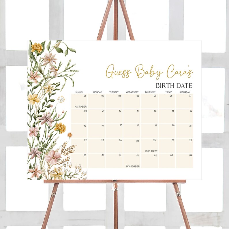 Editable Baby in Bloom Garden Baby Shower Due Date Calendar, Wildflower Spring Baby Shower Calendar, Baby in Bloom Floral Baby Shower, 0685 image 1