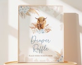 Diaper Raffle Sign Boho Highland Cow Baby Shower, Blue Holy Cow Baby Shower Diaper Game Sign, Boy Highland Cow Boho Baby Shower Decor, 0505