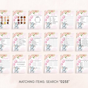 May include: A collection of baby shower game cards with a pink floral and elephant theme. Each card features a different game, with pink balloons and floral accents. The text "Matching Items: Search 0233" is at the bottom.