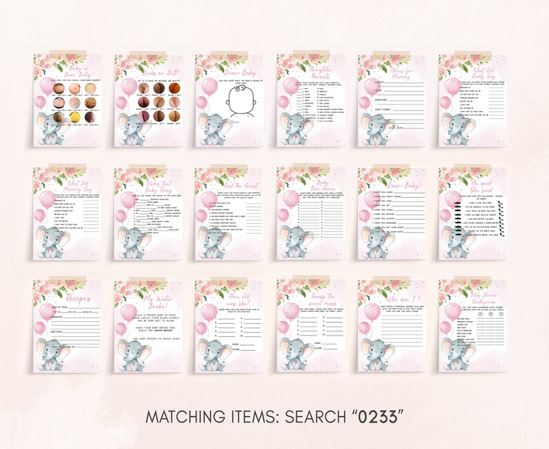 May include: A collection of baby shower game cards with a pink floral and elephant theme. Each card features a different game, with pink balloons and floral accents. The text "Matching Items: Search 0233" is at the bottom.