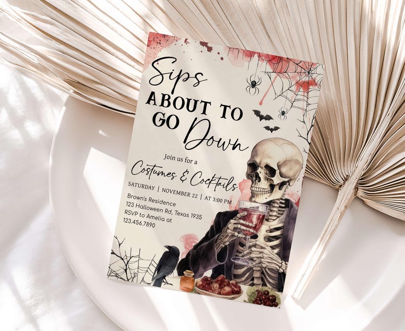 The image is a Halloween-themed invitation card with a skeleton holding a drink and a spider web design.