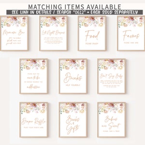 May include: Set of ten printable signs for a baby shower with a floral design. The signs include "Mimosas Bar", "Late Night Snacks", "Food", "Favors", "Please Help the Mom-to-be by Making Yourself the Addressee", "Drinks", "Don't Say Baby", "Diaper Raffle", "Books & Gifts", and "Babies are Sweet".