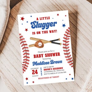 Editable Baseball Baby Shower Invitation, It&#39;s A Boy Sports Baby Shower Invite, A Little Slugger Is On The Way Baby Shower Invitation, 0769