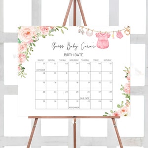 Calendario de fecha de vencimiento del baby shower de ropa de bebé editable para niña, calendario de baby shower boho, predicción de cumpleaños de baby shower de niña dulce, 0649 imagen 1