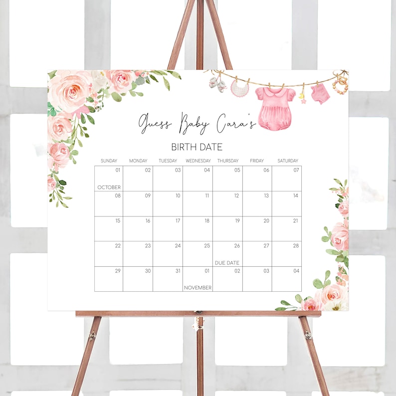 Calendario de fecha de vencimiento del baby shower de ropa de bebé editable para niña, calendario de baby shower boho, predicción de cumpleaños de baby shower de niña dulce, 0649 imagen 1