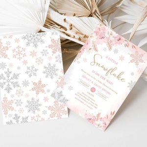 Convite editável para chá de bebê com floco de neve rosa, convite para chá de bebê com floco de neve rosa, modelo de convite para chá de bebê de inverno para meninas, 0520 imagem 2