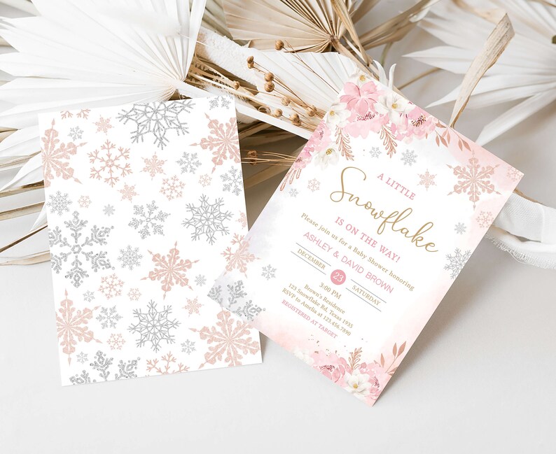 Convite editável para chá de bebê com floco de neve rosa, convite para chá de bebê com floco de neve rosa, modelo de convite para chá de bebê de inverno para meninas, 0520 imagem 2