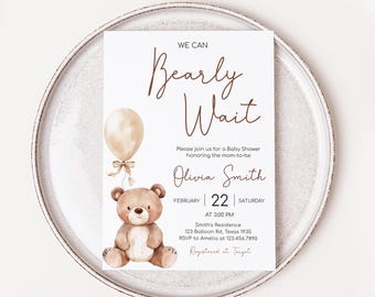 Editable Minimalist Teddy Bear Baby Shower Invitation, We Can Bearly Wait Baby Shower Invite, Neutral Bear Balloon Baby Shower Invite, 01037