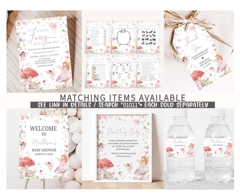 a set of wedding items including a water bottle and a card