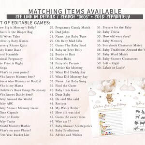 May include: A set of printable baby shower games with a light brown teddy bear holding balloons. The games include "How Big is Mommy's Belly?", "What's in the Diaper Bag", "Old Wives Tales", "Celebrity Baby Names", "Nursery Rhyme Quiz", "Baby Name Race", "Word Scramble", "Animal Pregnancy", "The Price is Right", "Bingo", "What's in your purse?", "Who knows Mommy best?", "Guess who Mommy or Daddy?", "Who is my Mama", "Children's Book Emoji Pictionary", "Who knows Daddy best?", "Baby Around the World", "Baby ABC", "Baby Shower Memory Game", "Time Capsule", "Over or Under", "Baby Traits", "Would Mommy Rather", "What's on your Phone?", "First Year Bucket List", "Pregnancy Candy Match", "Dad Jokes", "Name that Baby Tune", "Oh Baby Mad Libs", "Guess The Baby Food", "Baby or Beer Belly", "Boobs or Butt", "Draw Baby", "Fairytale Parents", "Advice for Mommy", "What Did Daddy Say", "What Did Mommy Say", "Name that Baby Song", "Find the Guest", "Baby Item Game", "Dear Baby", "He said She said", "Recipes", "My Water Broke!", "How old was she?", "Guess the sweet mess", "Who am I?", "Baby Shower Scattegories", "Baby Predictions", "Advice and Wishes", "Prayers for the Baby", "Baby Trivia", "How old were they?", "Baby Memory", "Storybook Character Match", "Baby Traditions Around the World", "Baby Word Match", "Baby Shower Characters", "Left - Right", "Labor or Lovin'".