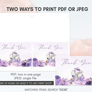May include: Two printable thank you cards featuring a purple floral design with a gray elephant. The text "Thank You" is written in cursive on each card. The cards can be printed as two cards on one page or as individual files.