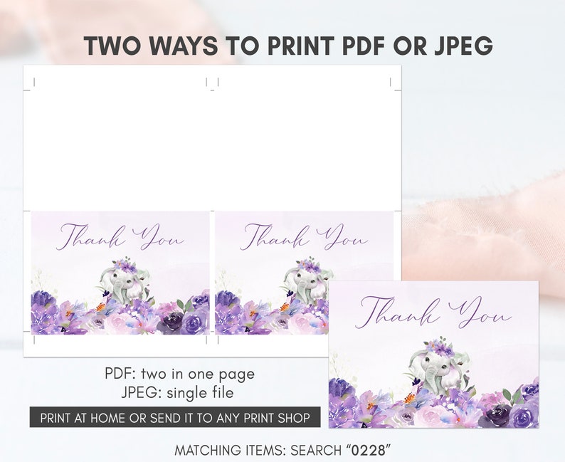 May include: Two printable thank you cards featuring a purple floral design with a gray elephant. The text "Thank You" is written in cursive on each card. The cards can be printed as two cards on one page or as individual files.