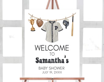 Panneau de bienvenue modifiable pour baby shower de baseball, Affiche de bienvenue pour baby shower Un petit cogneur est sur le chemin, Shower de bébé sport vêtements garçon, 01062