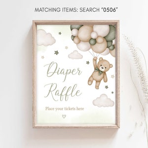Diaper Raffle Sign Gender Neutral Bear Baby Shower, We Can Bearly Wait Baby Shower Diaper Game Sign, Green Balloon Bear Decor Sign, 0506