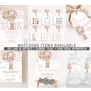 May include: A set of printable baby shower decorations featuring a cute teddy bear holding balloons in pink and brown colors. The text on the invitation reads "We can barely wait, Baby".