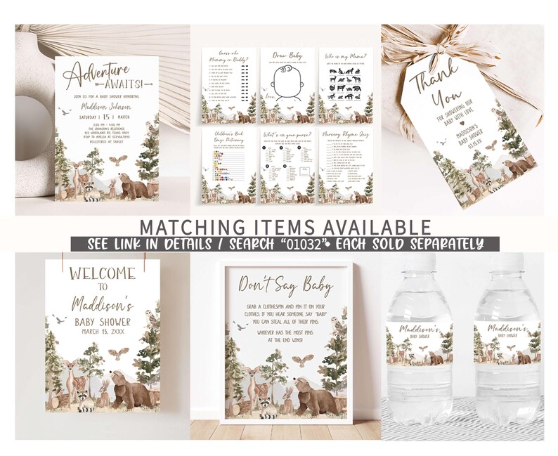 matching items available for a woodland baby shower