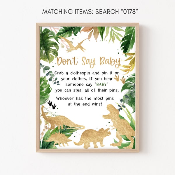 Don't Say Baby Dinosaur Baby Shower Sign, Gold Dino Baby Shower Sign Greenery Dino Baby Shower Decorations Baby Boy Dinosaur Template  0178