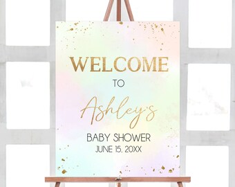 Editable Rainbow Baby Shower Welcome Sign, Gold Glitter Baby Shower Welcome Poster, Pastel Colors, Boho Rainbow Girl Baby Shower Sign, 0816