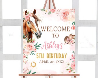 Editable Floral Horse Birthday Party Welcome Sign, Cowgirl Birthday Sign, Pink Floral Pony Birthday Poster, Girl Farm Horse Party Sign, 52BD