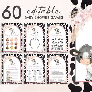 Bewerkbare Pink Cow babyshower spelletjesbundel, meisje heilige koe babyshower game pack, Boho Highland Cow Farm babyshower spelletjes sjabloon, 0662 afbeelding 1