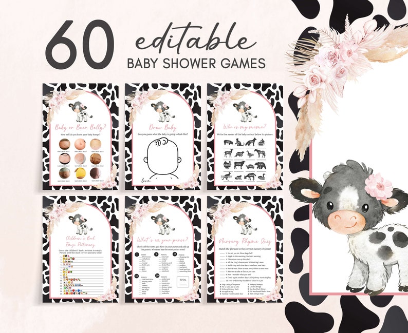 Bewerkbare Pink Cow babyshower spelletjesbundel, meisje heilige koe babyshower game pack, Boho Highland Cow Farm babyshower spelletjes sjabloon, 0662 afbeelding 1