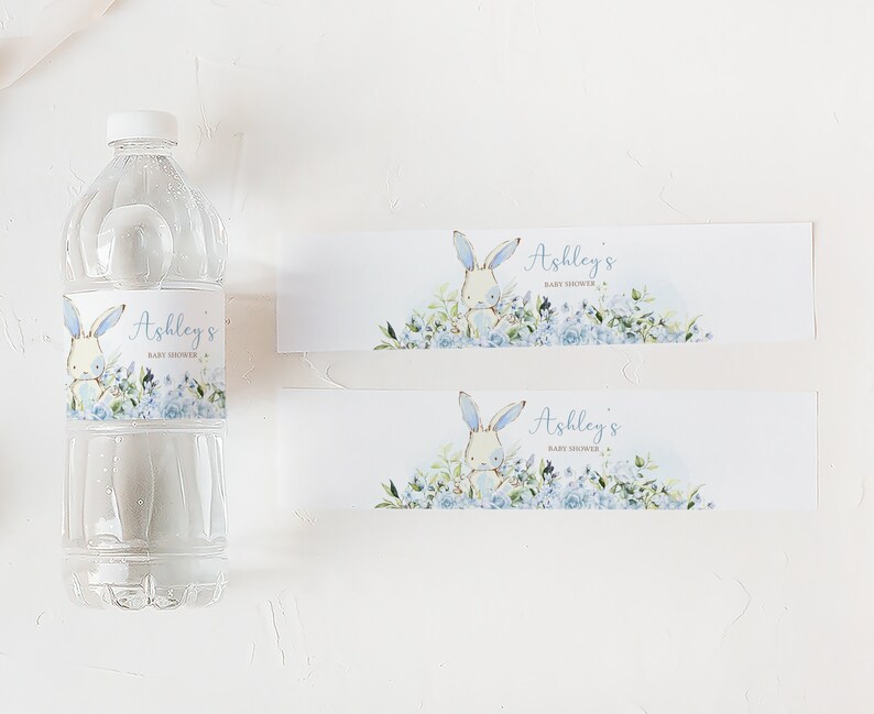 Editable Boy Bunny Baby Shower Bottle Label, Blue Floral Bunny Rabbit Baby Shower Water Labels, A Little Bunny Boy Bottle Stickers, 0717 image 3
