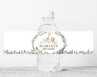 Editable Safari Baby Shower Bottle Labels, Jungle Baby Shower Water Wraps, Gender Neutral Safari Animals Water Label Printable Template 0334