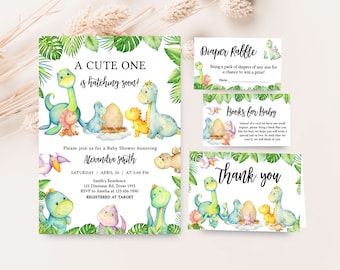 May include: A baby shower invitation with a dinosaur theme. The invitation features a cute cartoon dinosaur with a green, blue, and yellow color scheme. The text on the invitation reads "A Cute One is Hatching Soon!" and includes details about the shower, such as the date, time, and location. The invitation also includes a diaper raffle and a books for baby request.