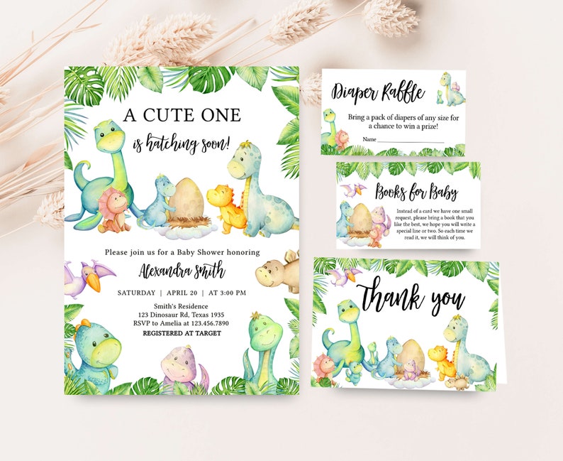 Paquete de invitación editable para baby shower de dinosaurios, conjunto de invitaciones para baby shower de Greenery Dino, paquete de invitación para baby shower de dinosaurios de género neutro 0667 imagen 1