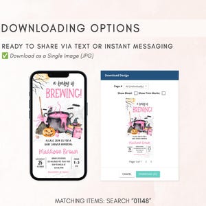 The image is a screenshot of a Halloween-themed invitation for a baby shower, featuring a spooky illustration of a witch's cauldron and a jack-o-lantern. The invitation includes text and a button for sharing the image via text or instant messaging, and it is available as a single image (JPG).