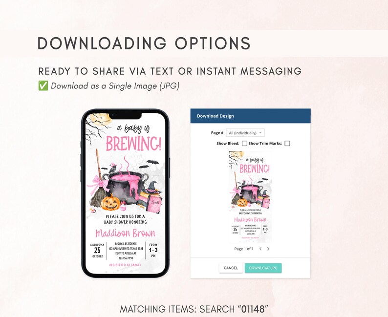 The image is a screenshot of a Halloween-themed invitation for a baby shower, featuring a spooky illustration of a witch's cauldron and a jack-o-lantern. The invitation includes text and a button for sharing the image via text or instant messaging, and it is available as a single image (JPG).