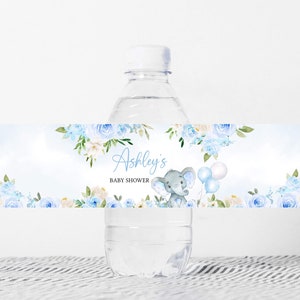 Edytowalna etykieta na butelkę z niebieskim słoniem na baby shower, etykiety na wodę na balon z chłopcem słoniem na baby shower, naklejki na butelkę z wodą z niebieskim balonem dla chłopca, 0617 zdjęcie 1